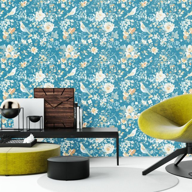 Blauwe bloemen en vogels patroon behang (wallpaper)