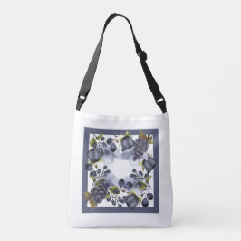 Blauwe bloemen en vruchten in lijst crossbody tas