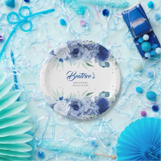 Blauwe Bloemen en Zilver Confetti Baby Shower Papieren Bordje (Feest)