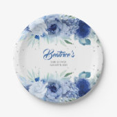 Blauwe Bloemen en Zilver Confetti Baby Shower Papieren Bordje (Voorkant)