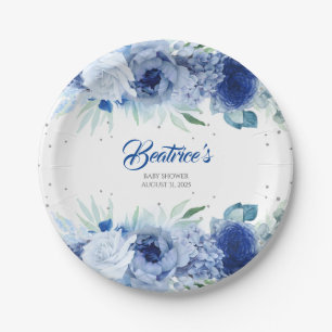 Blauwe Bloemen en Zilver Confetti Baby Shower Papieren Bordje