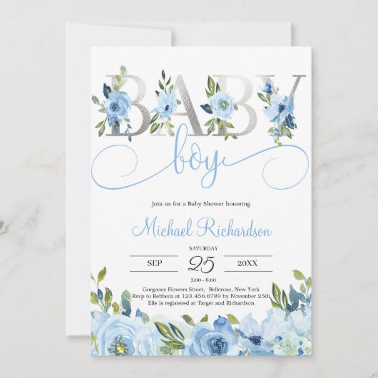 Blauwe Bloemen en Zilveren Folie Boho Kaart (Voorkant)