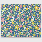 Blauwe Bloemen Folk Art Patroon Cadeaupapier (Vlak)