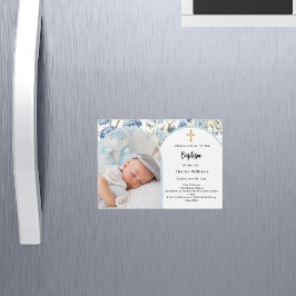 Blauwe bloemen foto-boog jongen kruis Doop Magnetische Uitnodiging
