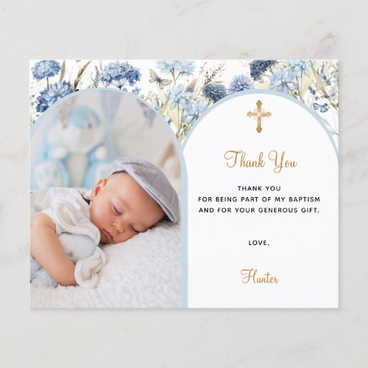 Blauwe bloemen foto boogjongen Doop Dankkaart (Voorkant)