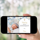 Blauwe bloemen foto boogjongen Doop Dankkaart Kaart