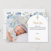 Blauwe bloemen foto boogjongen Doop Dankkaart Kaart (Voorkant)