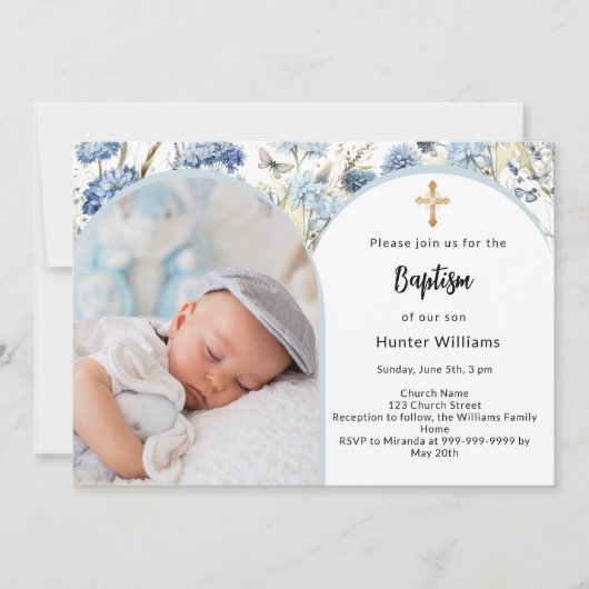Blauwe bloemen foto boogjongen kruis Doop Kaart (Voorkant)
