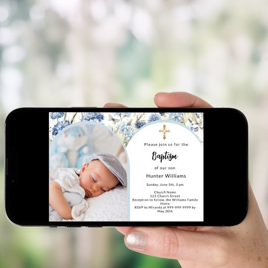 Blauwe bloemen foto boogjongen kruis Doop Kaart