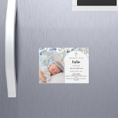 Blauwe bloemen foto boogjongen kruis Doop Magnetische Uitnodiging