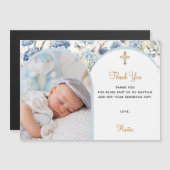 Blauwe bloemen foto doopmagneet Dank u kaart Magnetische Uitnodiging (Voorkant / Achterkant)