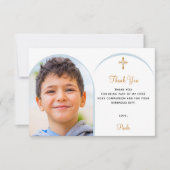 Blauwe bloemen foto jongen gouden kruis Eerste Com Bedankkaart (Voorkant)