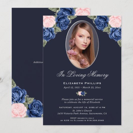 Blauwe Bloemen Foto Memorial Service begrafenis Kaart (Voorkant / Achterkant)