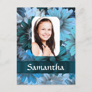Blauwe bloemen foto template briefkaart