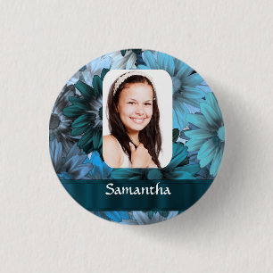 Blauwe bloemen foto template ronde button 3,2 cm