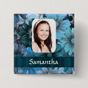 Blauwe bloemen foto template vierkante button 5,1 cm