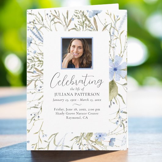 Blauwe Bloemen Foto's Viering van het leven Begraf Programma