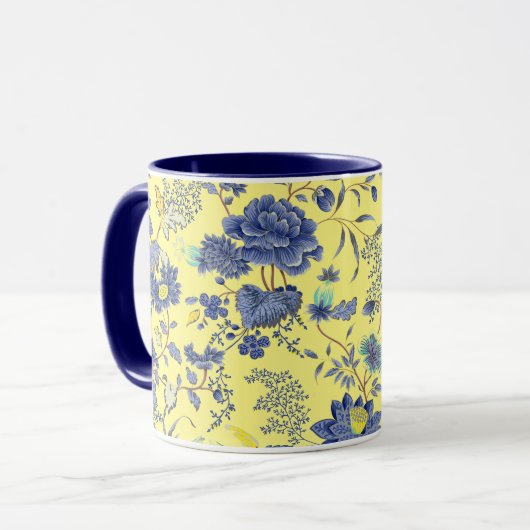 Blauwe bloemen Gele Mok (Voorkant links)