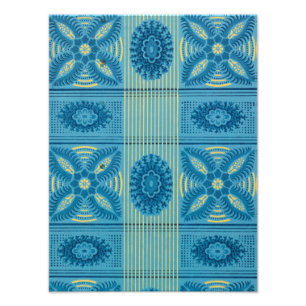 Blauwe bloemen gele strepen kunst Patroon Foto Afdruk