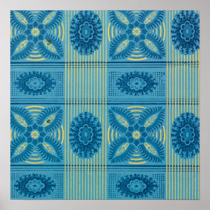 Blauwe bloemen gele strepen kunst Patroon Poster