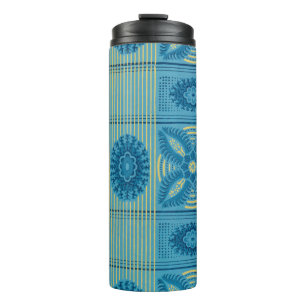 Blauwe bloemen gele strepen  kunst Patroon Thermosbeker
