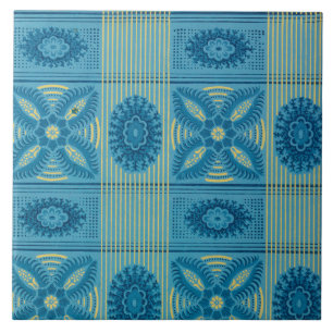 Blauwe bloemen gele strepen  kunst tegeltje