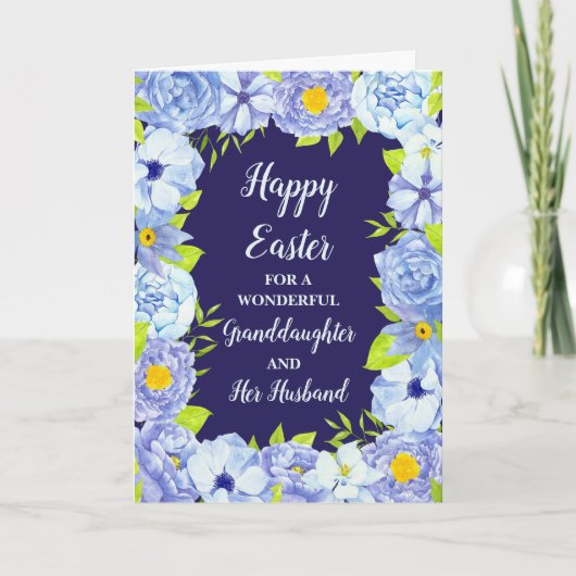 Blauwe Bloemen Gelukkig Pasen Kleindochter & Man Feestdagen Kaart (Voorkant)