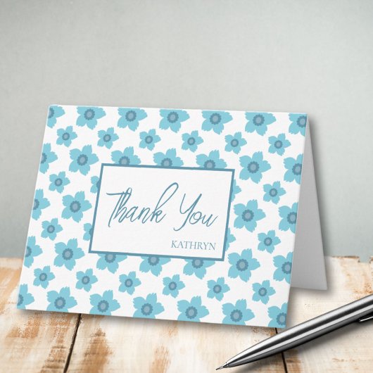 Blauwe bloemen gepersonaliseerd Dank u Notitiekaartje