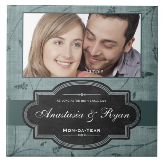 Blauwe Bloemen Gepersonaliseerde Trouwfoto Keepsak Tegeltje (Voorkant)