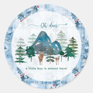 Blauwe bloemen Gingham oh hert baby shower Ronde Sticker