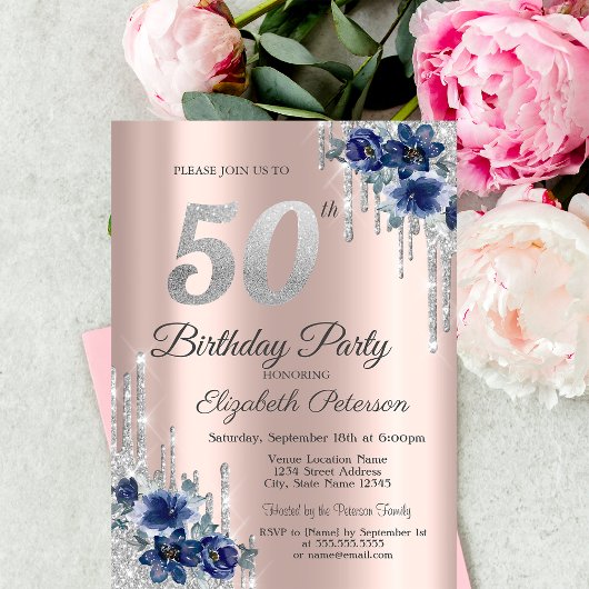 Blauwe Bloemen Glitter Druppels Roze Goud 50e Verj Kaart