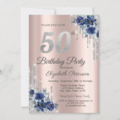 Blauwe Bloemen Glitter Druppels Roze Goud 50e Verj Kaart (Voorkant)