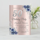 Blauwe Bloemen Glitter Druppels Roze Goud 50e Verj Kaart (Staand voorkant)