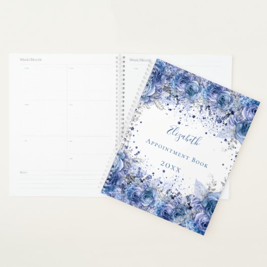 Blauwe bloemen glitter naam wit planner (Display)