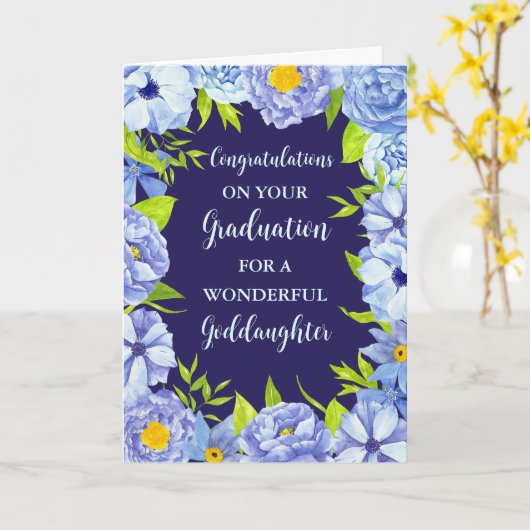 Blauwe bloemen Goddochter Gefeliciteerd Kaart (Gele Bloem)