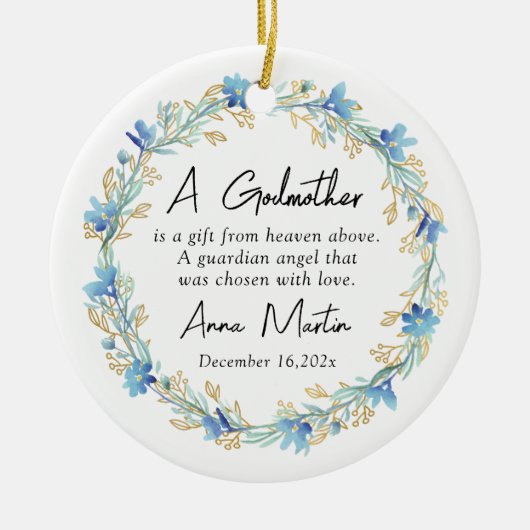 Blauwe bloemen Godmother doop doop Keramisch Ornament (Voorkant)