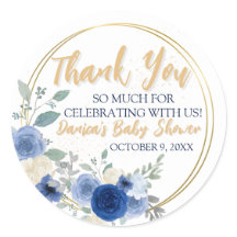 Blauwe Bloemen & Goud Classic RondeSticker Classic