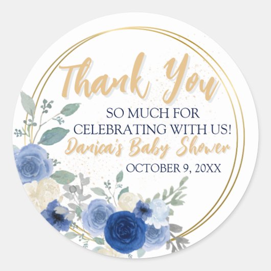 Blauwe Bloemen & Goud Classic RondeSticker Classic Ronde Sticker (Voorkant)