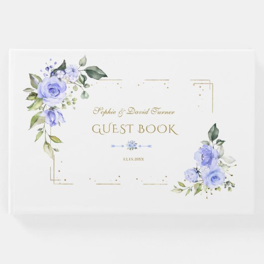 Blauwe Bloemen Goud Glitter Lijst Bruiloft Gastenboek (Voorkant)