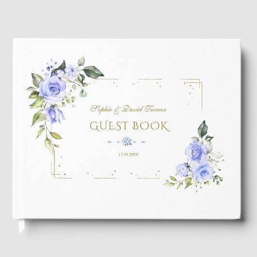 Blauwe Bloemen Goud Glitter Lijst Bruiloft Gastenboek (Voorkant)