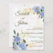 Blauwe Bloemen Goud Marmeren bruiloft uitnodiging (Voorkant)