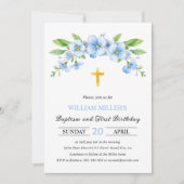 Blauwe bloemen, gouden kruisdoop en eerste verjaar kaart (Voorkant)