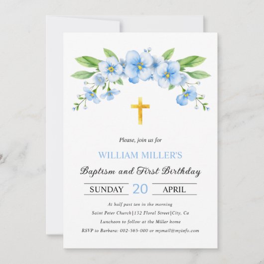 Blauwe bloemen, gouden kruisdoop en eerste verjaar kaart (Voorkant)