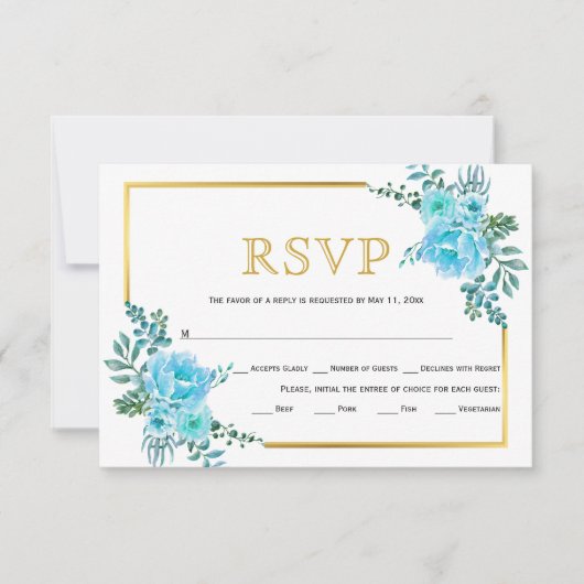 Blauwe bloemen, gouden lijst bruiloft RSVP-kaart RSVP Kaartje (Voorkant)