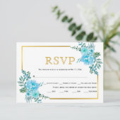 Blauwe bloemen, gouden lijst bruiloft RSVP-kaart RSVP Kaartje (Staand voorkant)