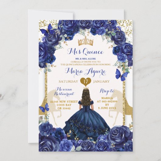 Blauwe Bloemen Gouden Paard Prinses Quinceañera Kaart (Voorkant)