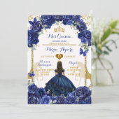 Blauwe Bloemen Gouden Paard Prinses Quinceañera Kaart (Staand voorkant)