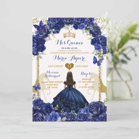 Blauwe Bloemen Gouden Paard Prinses Quinceañera Kaart (Staand voorkant)
