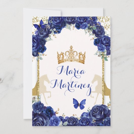 Blauwe Bloemen Gouden Paard Prinses Quinceañera Kaart (Achterkant)