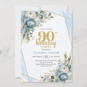 Blauwe bloemen gouden rand 90ste verjaardagsuitnod kaart (Voorkant)